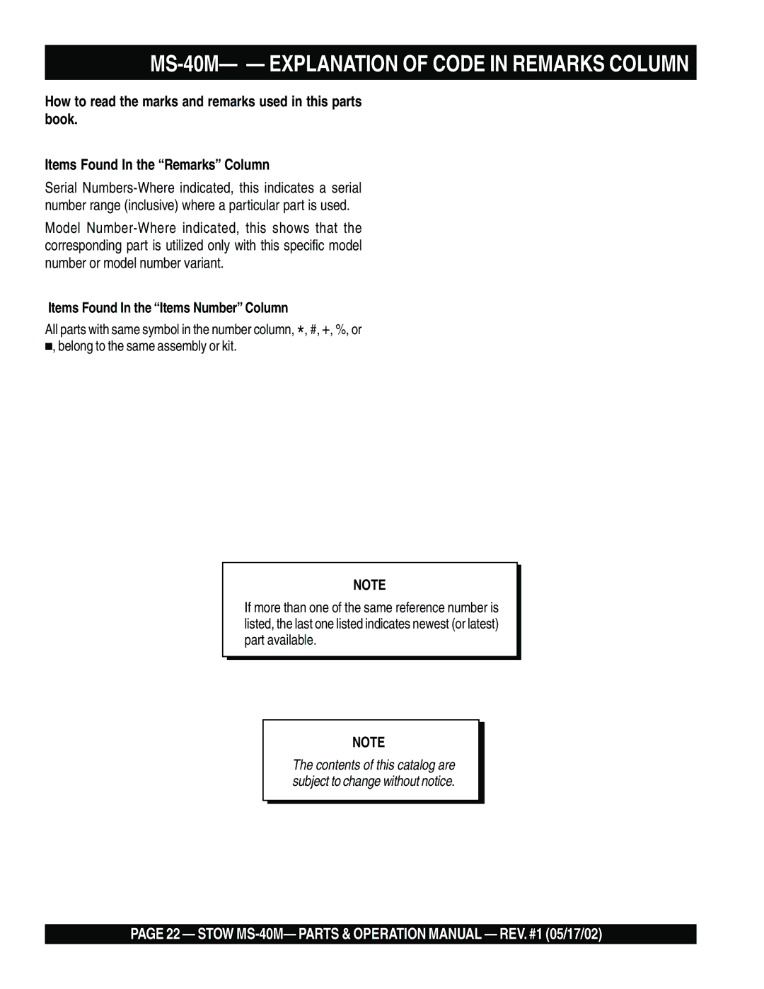 Stow operation manual MS-40M- Explanation of Code in Remarks Column, Items Found In the Items Number Column 