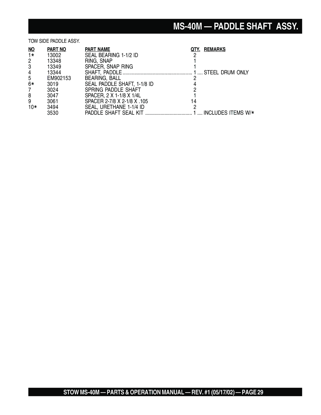 Stow operation manual MS-40M Paddle Shaft Assy 