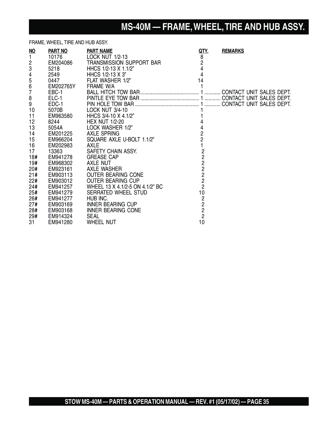 Stow operation manual MS-40M FRAME, WHEEL,TIRE and HUB Assy, Frame W/A 