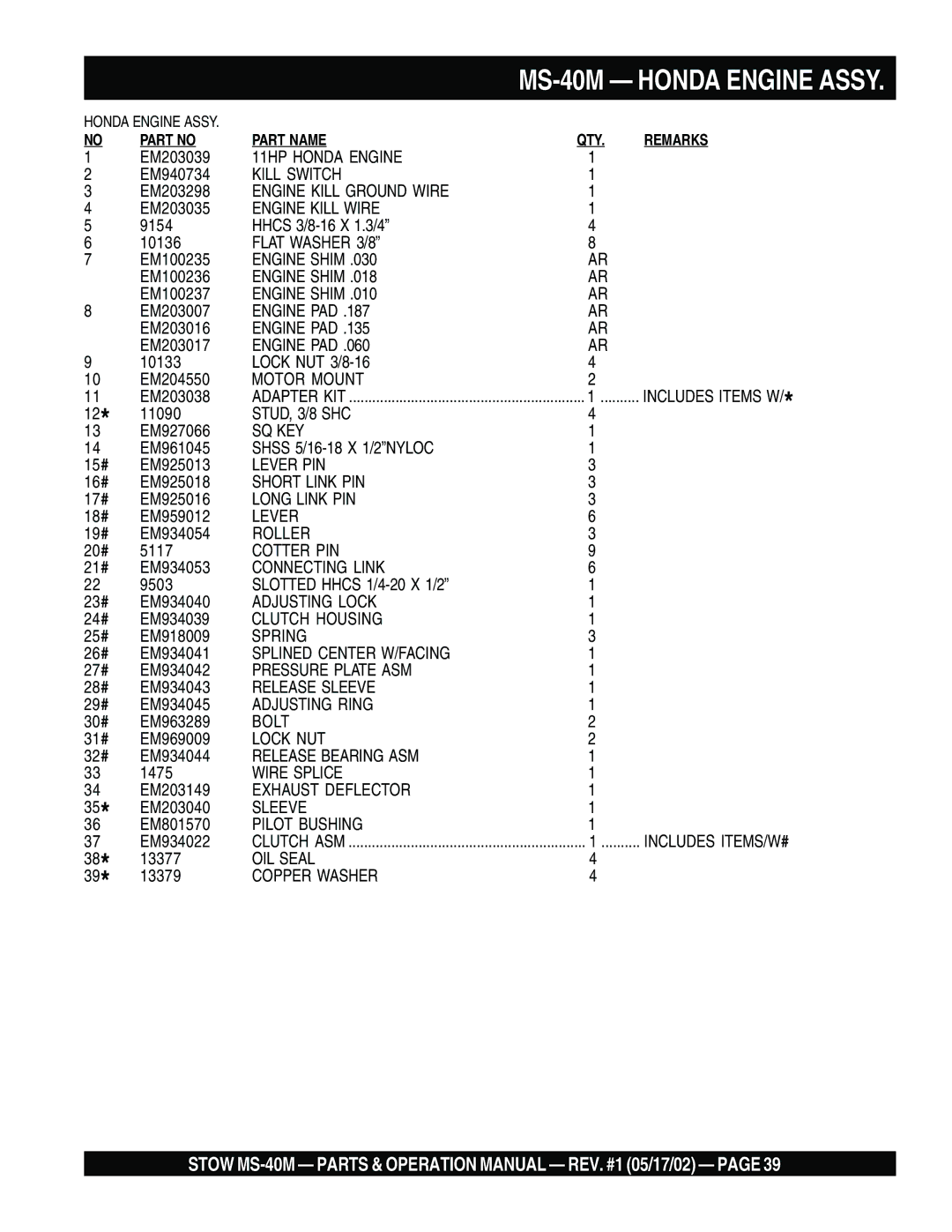 Stow MS-40M operation manual 11HP Honda Engine 