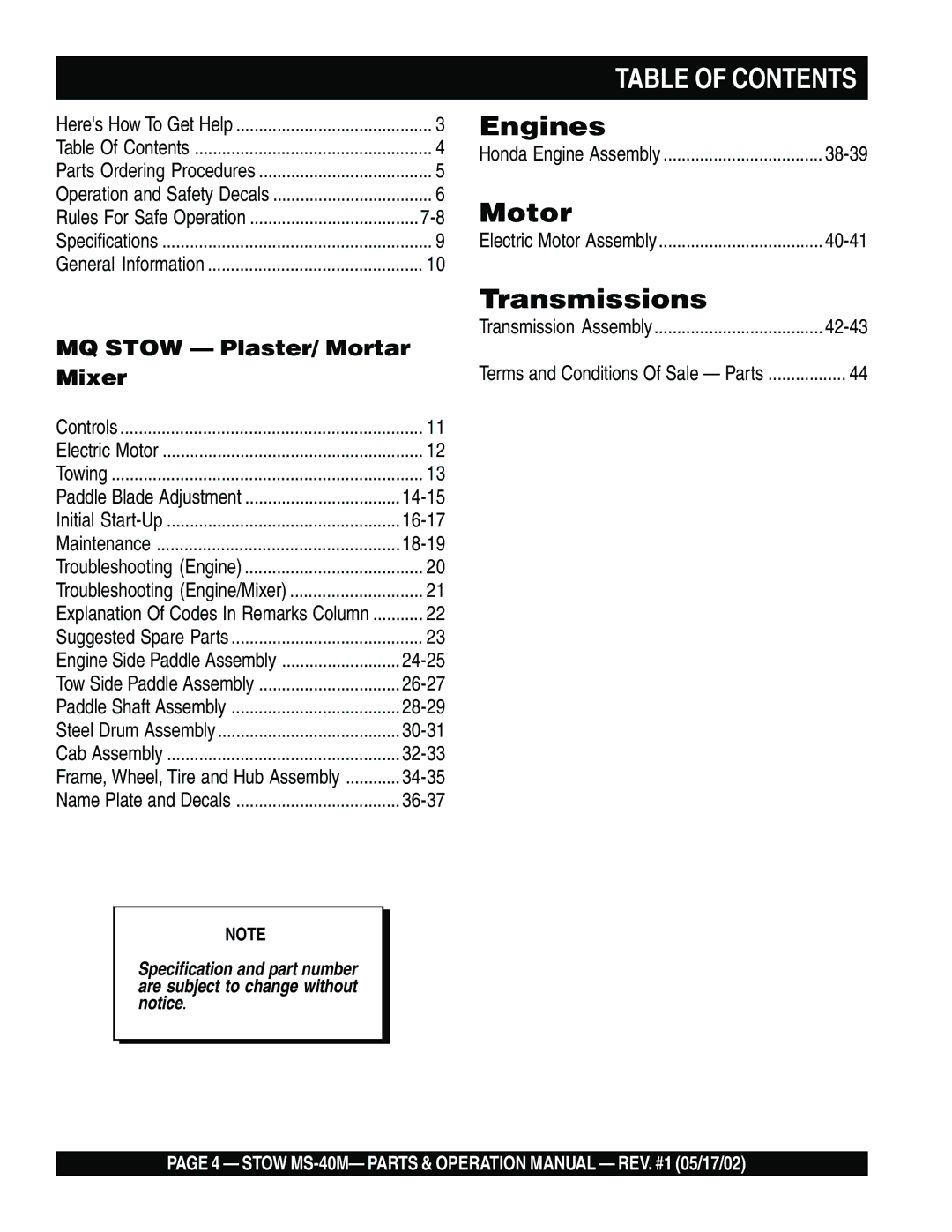 Stow MS-40M operation manual Engines 