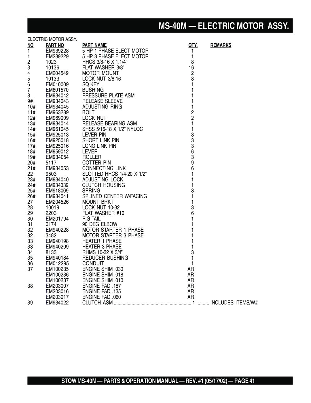 Stow MS-40M operation manual HP 1 Phase Elect Motor 