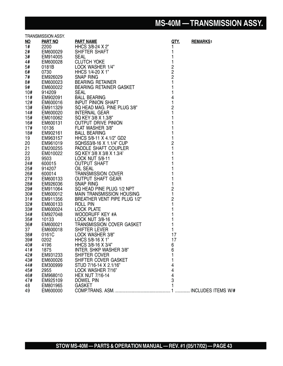 Stow MS-40M operation manual Shifter Shaft 