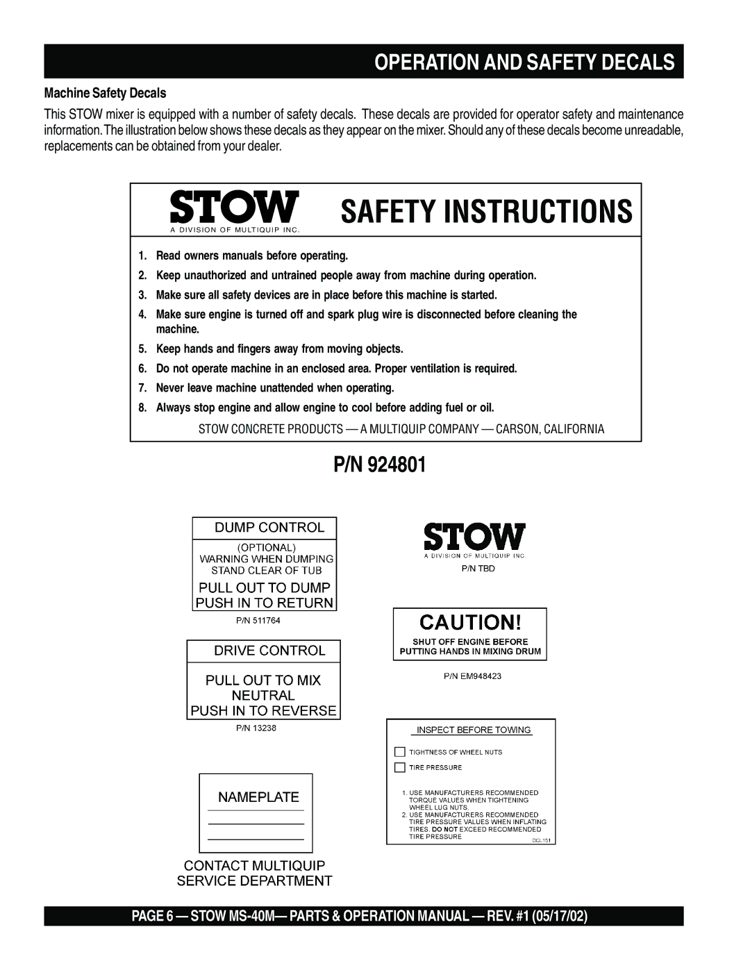 Stow MS-40M operation manual Operation and Safety Decals, Machine Safety Decals 