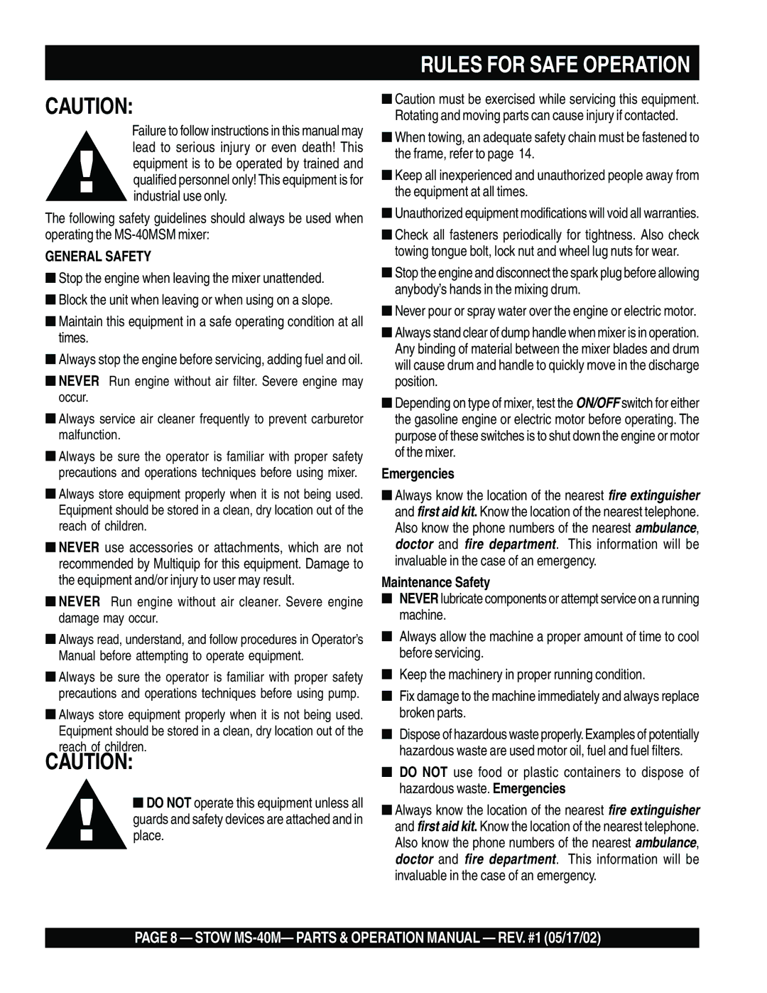 Stow MS-40M operation manual Rules for Safe Operation, Emergencies, Maintenance Safety 