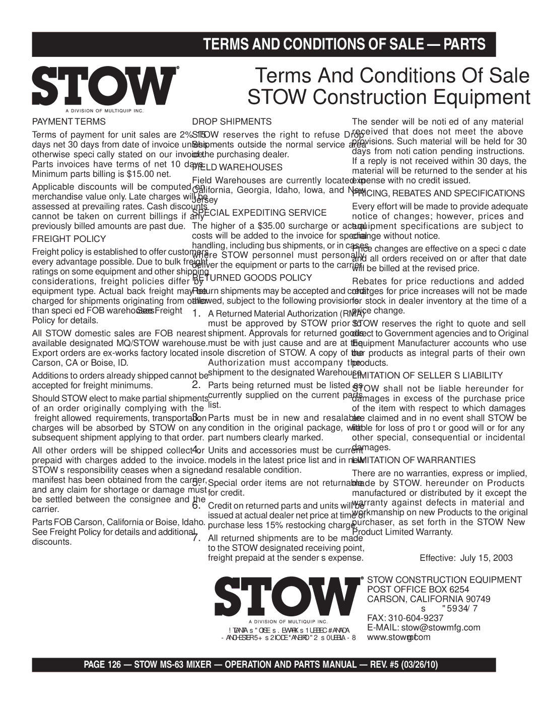 Stow MS-63 manual Terms And Conditions Of Sale Stow Construction Equipment 