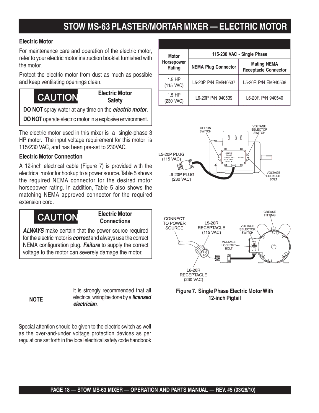 Stow manual Stow MS-63 PLASTER/MORTAR Mixer Electric Motor, Electric Motor Connection 