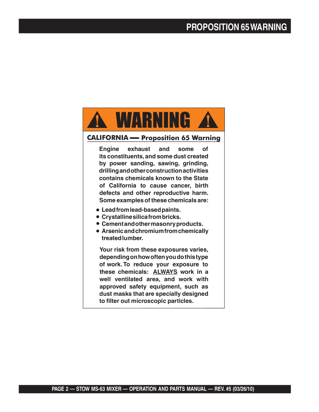 Stow MS-63 manual Proposition 65WARNING 