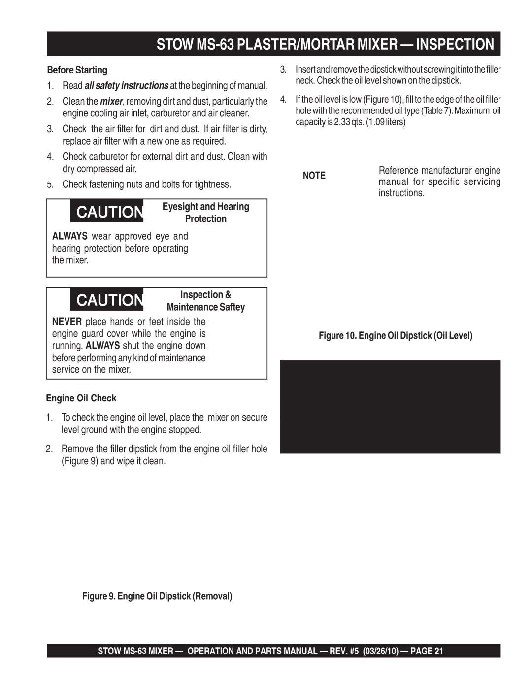 Stow manual Stow MS-63 PLASTER/MORTAR Mixer Inspection, Before Starting, Engine Oil Check 