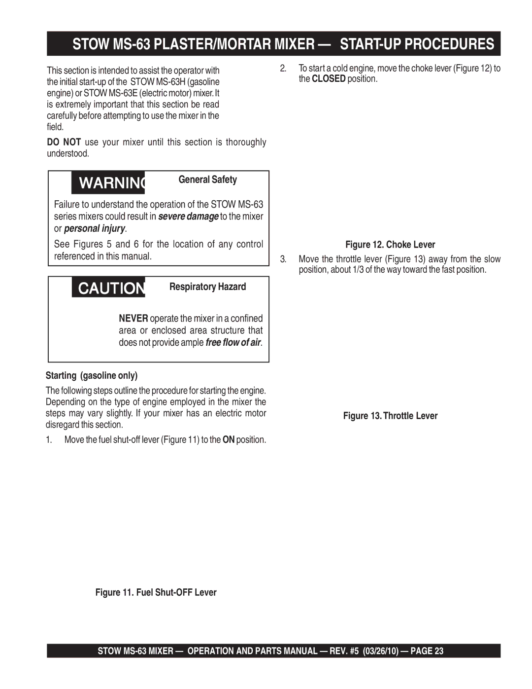 Stow manual Stow MS-63 PLASTER/MORTAR Mixer START-UP Procedures, General Safety, Respiratory Hazard 