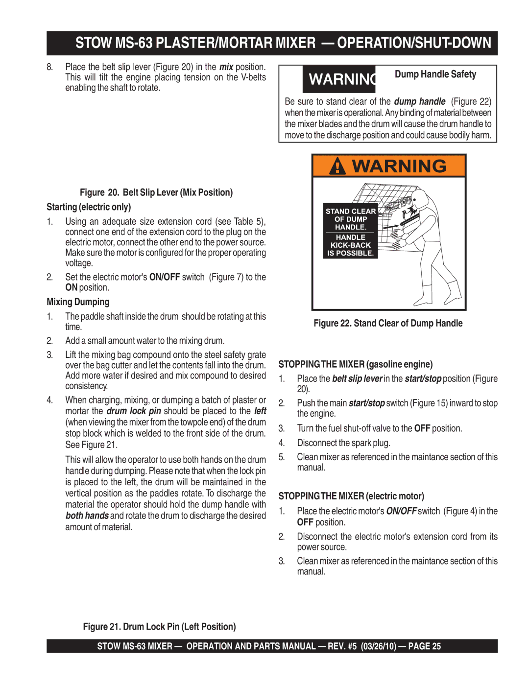 Stow manual Stow MS-63 PLASTER/MORTAR Mixer OPERATION/SHUT-DOWN, Dump Handle Safety 