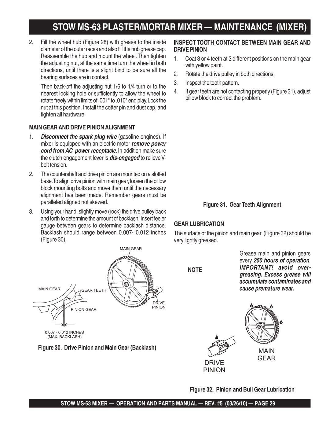 Stow manual Stow MS-63 PLASTER/MORTAR Mixer Maintenance Mixer, Main Gear and Drive Pinion Alignment 