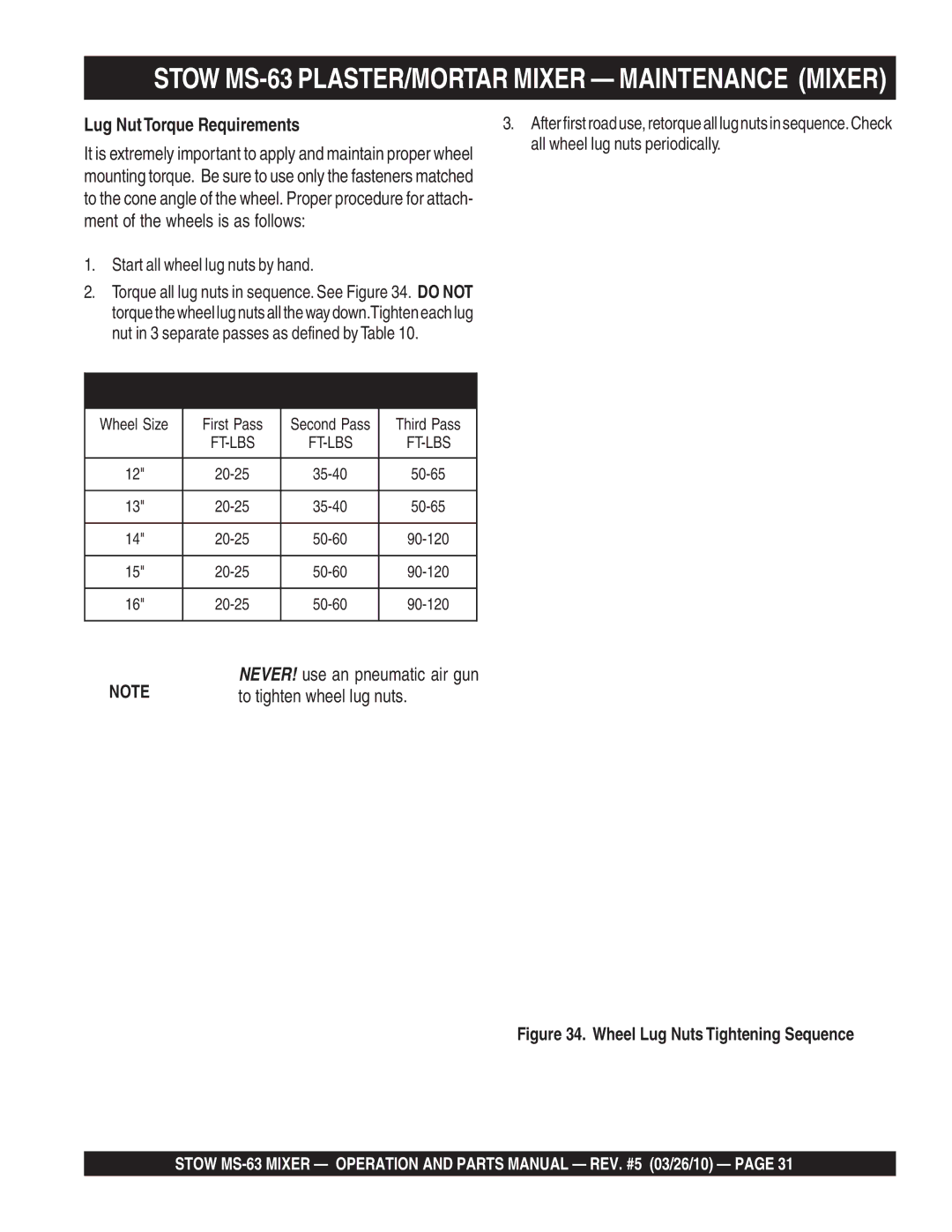 Stow MS-63 manual Lug Nut Torque Requirements, Start all wheel lug nuts by hand 