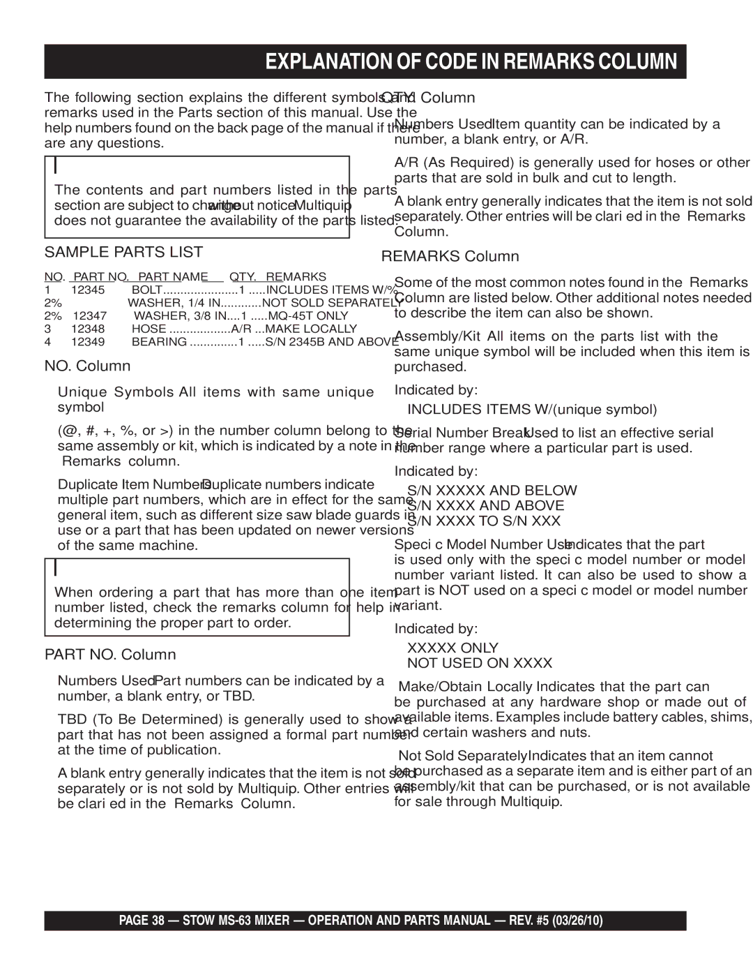 Stow MS-63 manual Explanation of Code in Remarks Column, QTY. Column, Part NO. Column 