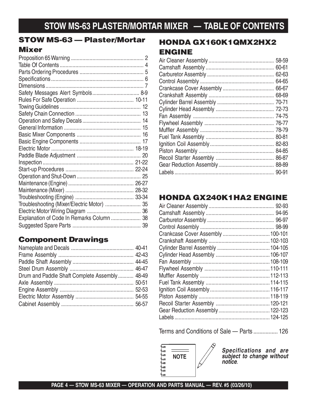 Stow manual Stow MS-63 PLASTER/MORTAR Mixer Table of Contents 