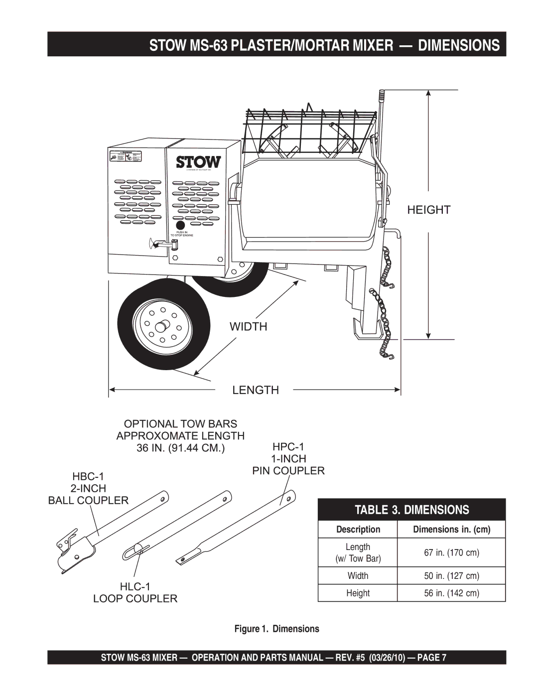 Stow manual Stow MS-63 PLASTER/MORTAR Mixer Dimensions 