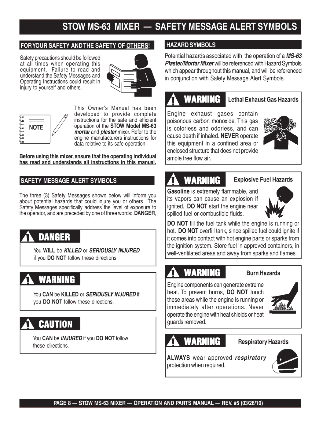 Stow manual Stow MS-63 Mixer Safety Message Alert Symbols, Burn Hazards, Respiratory Hazards 