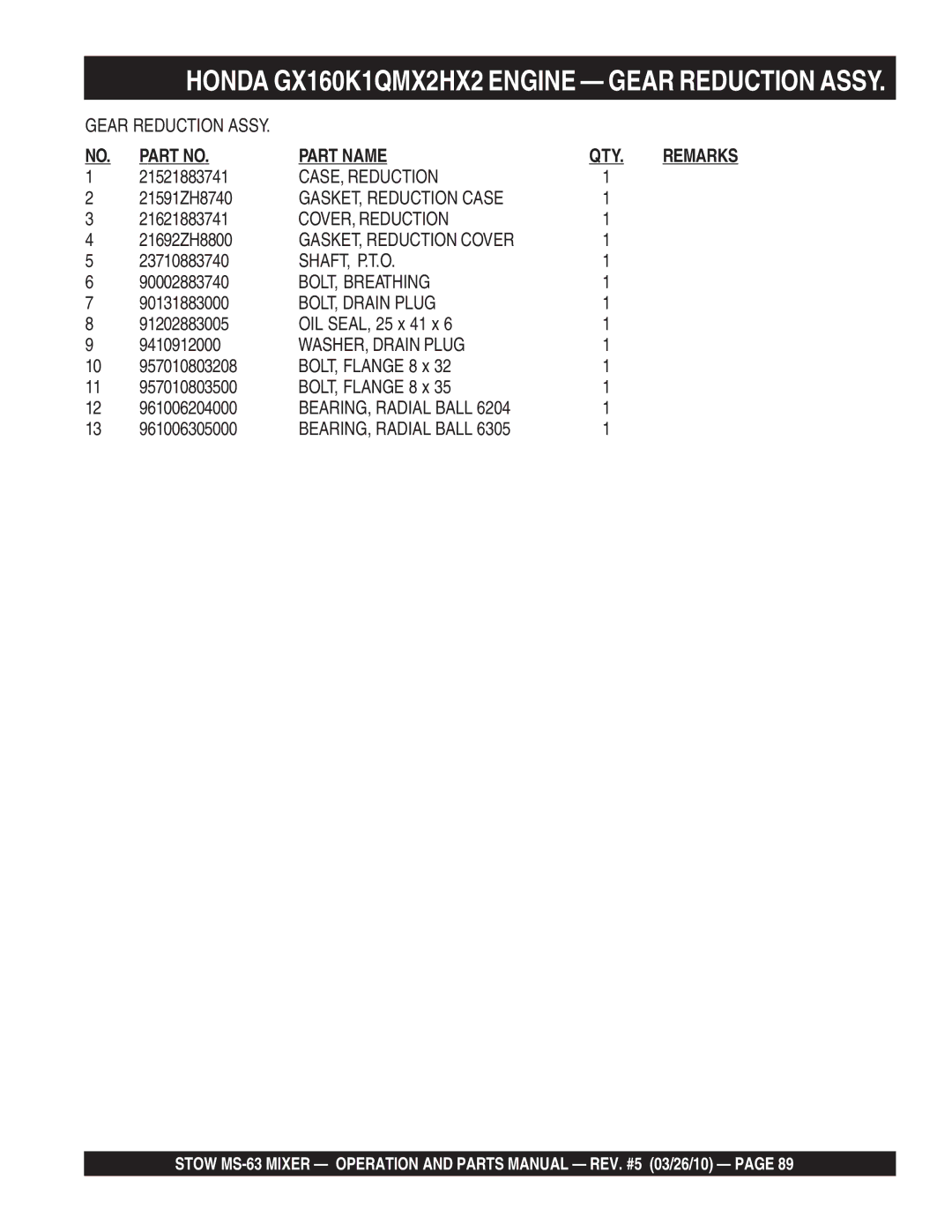 Stow MS-63 CASE, Reduction, GASKET, Reduction Case, COVER, Reduction, Shaft, P.T.O, BOLT, Breathing, BOLT, Drain Plug 