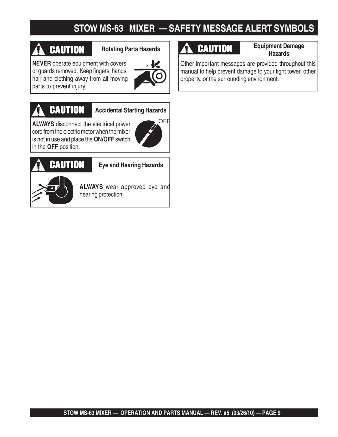 Stow manual Stow MS-63 Mixer Safety Message Alert Symbols, Equipment Damage, Accidental Starting Hazards 