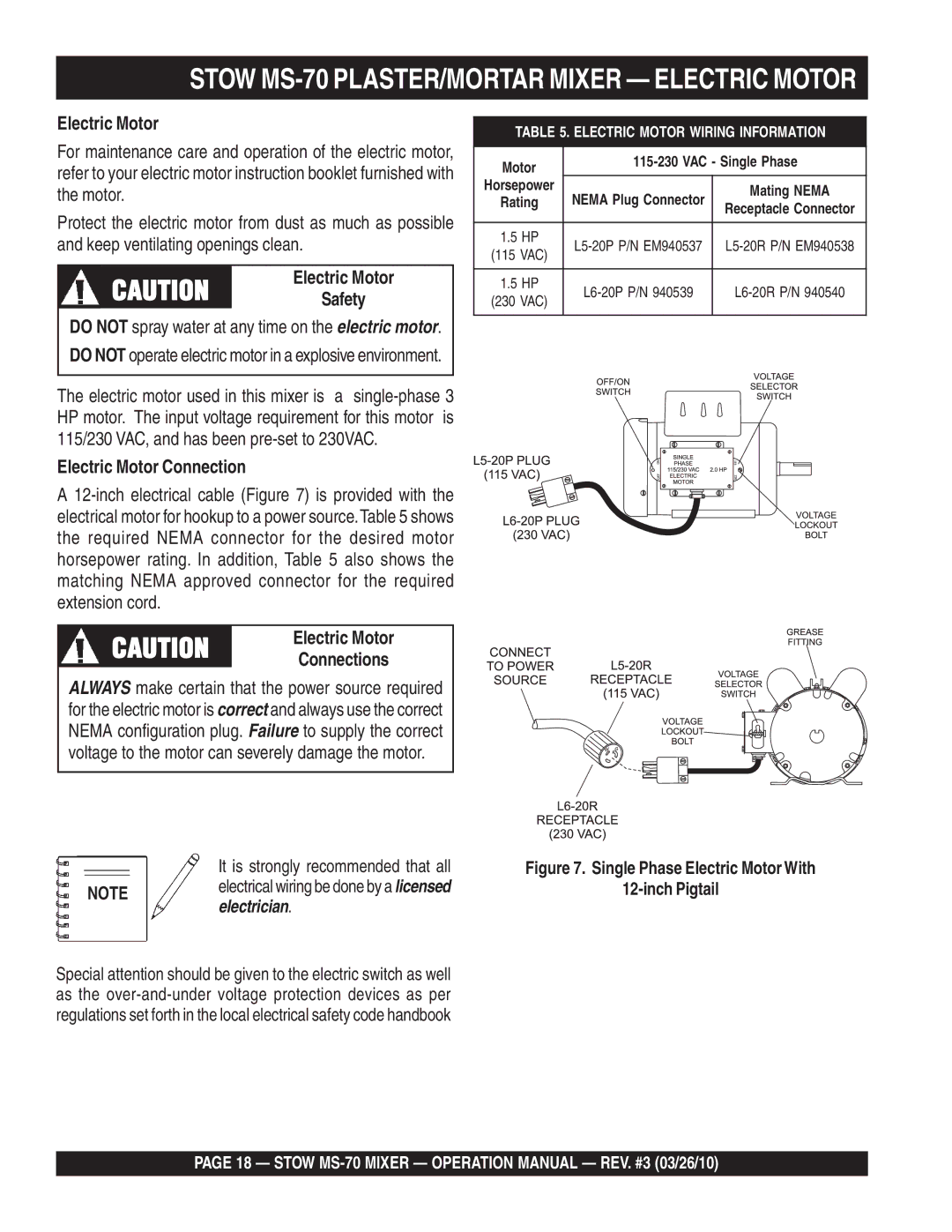 Stow manual Stow MS-70 PLASTER/MORTAR Mixer Electric Motor, Electric Motor Connection 