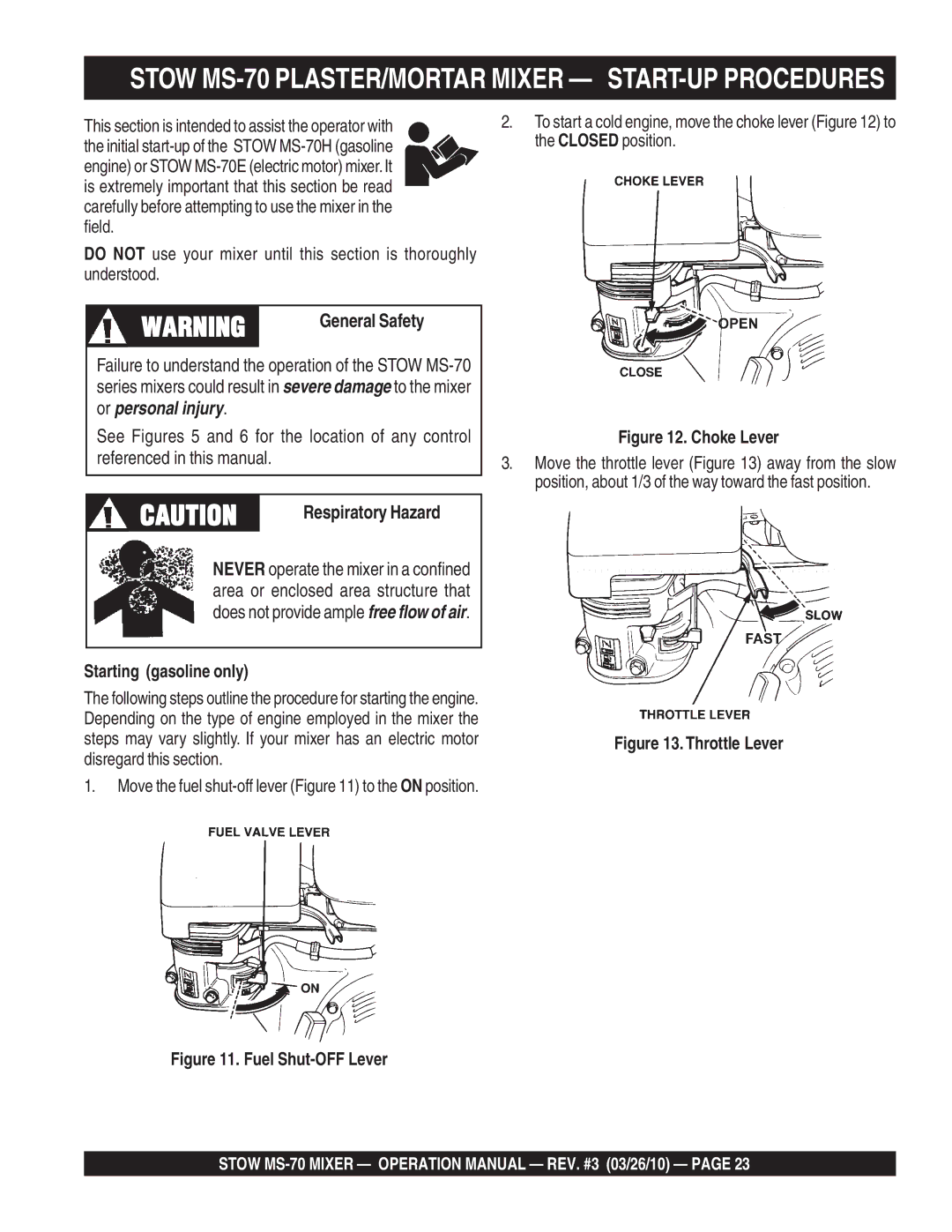 Stow manual Stow MS-70 PLASTER/MORTAR Mixer START-UP Procedures, General Safety, Respiratory Hazard 