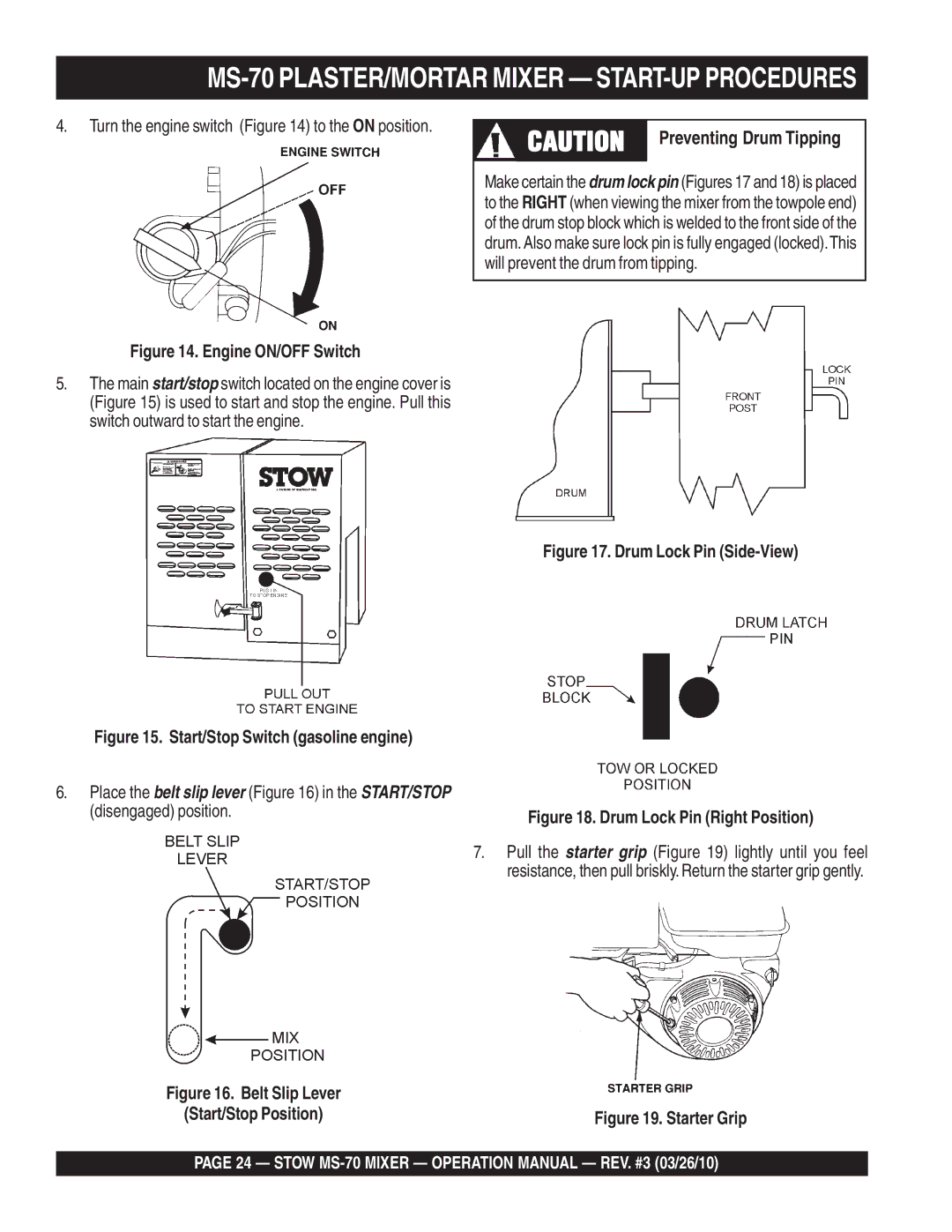 Stow manual MS-70 PLASTER/MORTAR Mixer START-UP Procedures, Engine ON/OFF Switch 