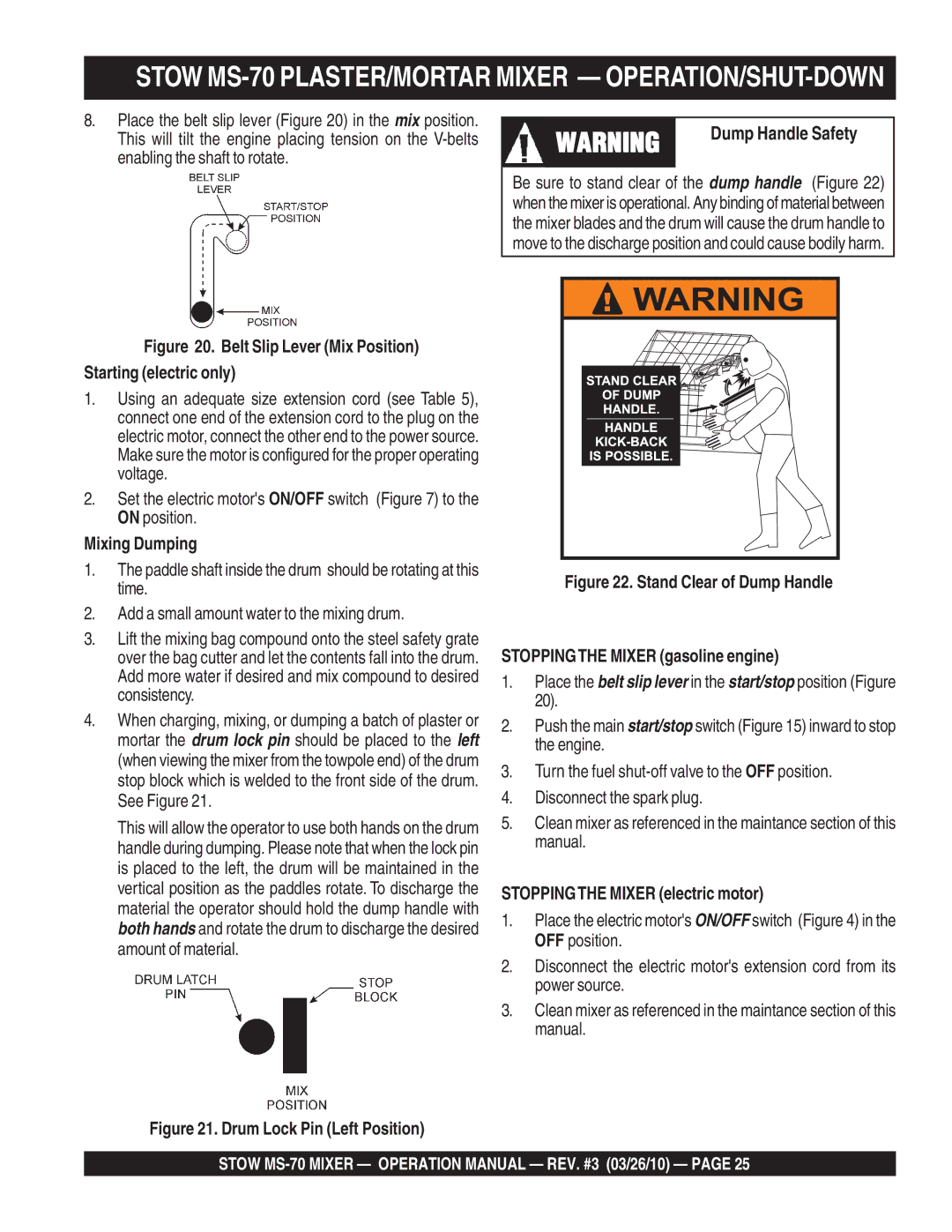 Stow manual Stow MS-70 PLASTER/MORTAR Mixer OPERATION/SHUT-DOWN, Dump Handle Safety 