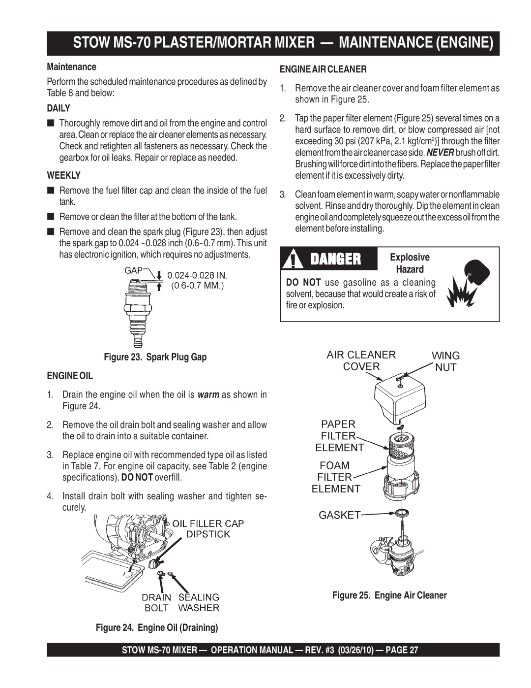 Stow manual Stow MS-70 PLASTER/MORTAR Mixer Maintenance Engine, Hazard 