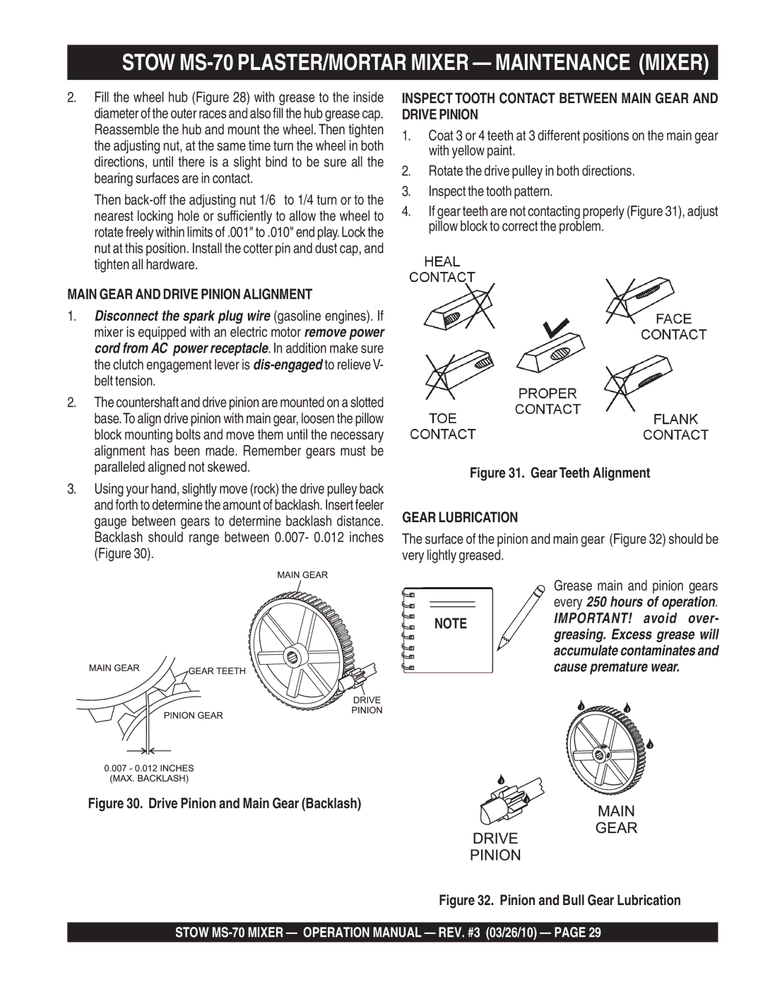 Stow manual Stow MS-70 PLASTER/MORTAR Mixer Maintenance Mixer, Main Gear and Drive Pinion Alignment 