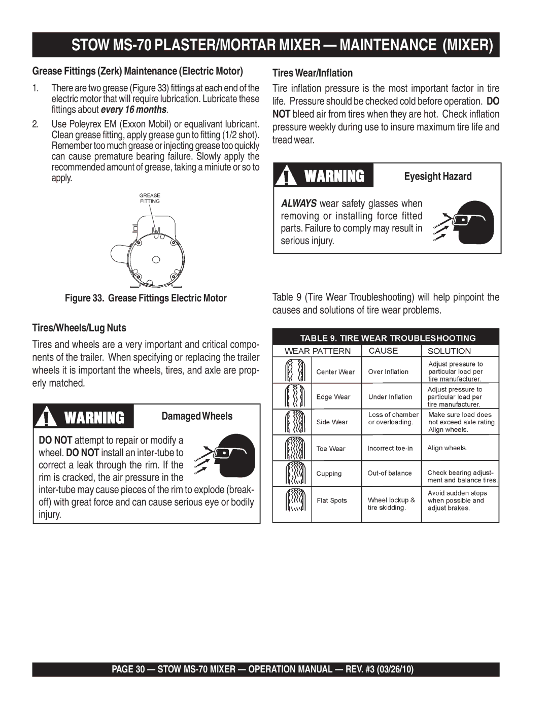 Stow MS-70 manual Tires/Wheels/Lug Nuts, DamagedWheels, Tires Wear/Inflation, Eyesight Hazard 