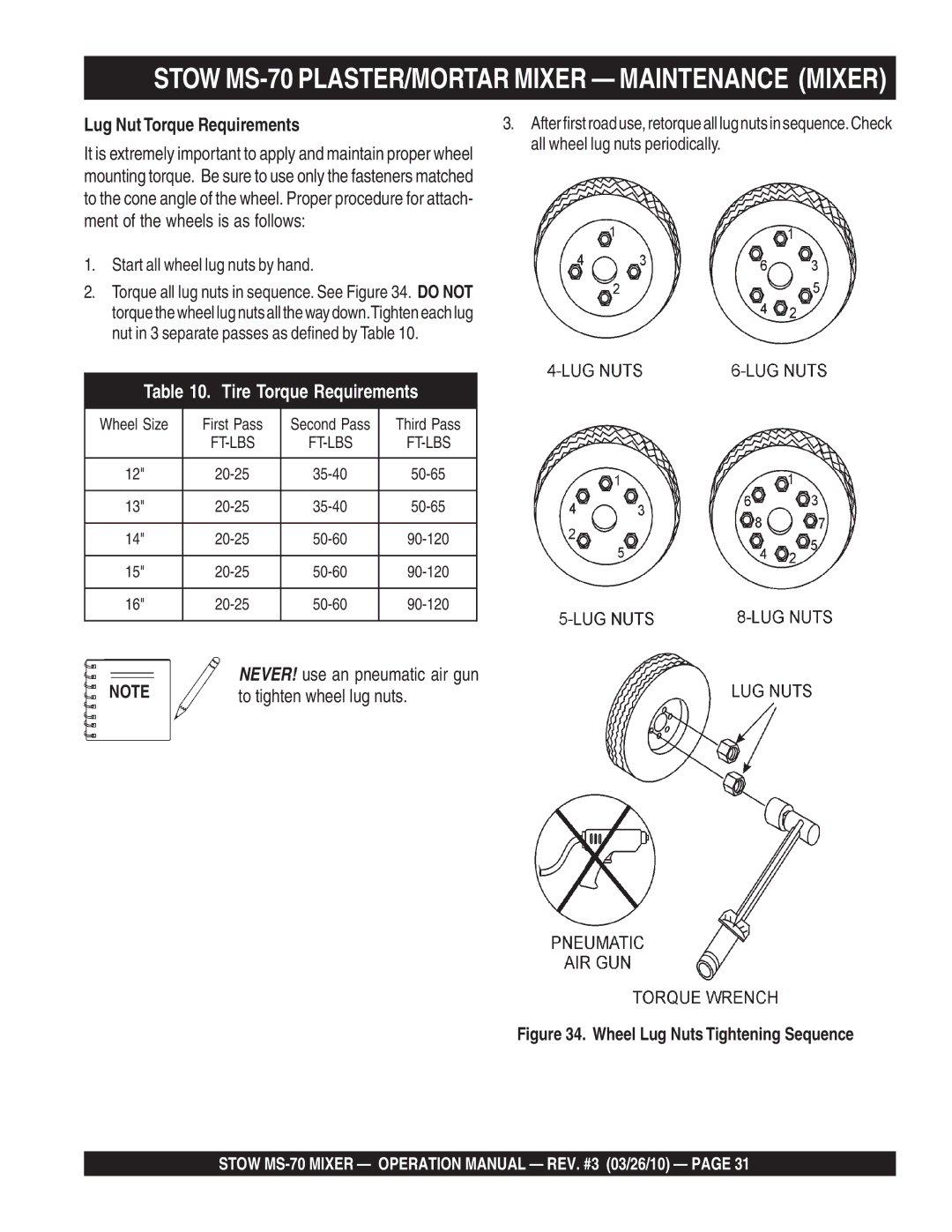 Stow MS-70 manual Lug Nut Torque Requirements, Start all wheel lug nuts by hand 