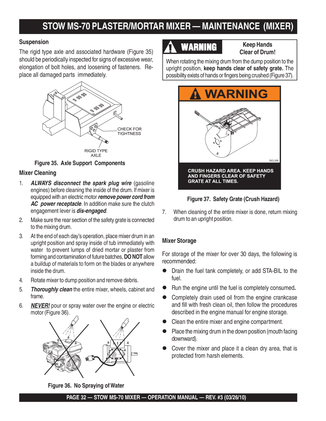 Stow MS-70 manual Suspension, Mixer Cleaning, Keep Hands, Mixer Storage 