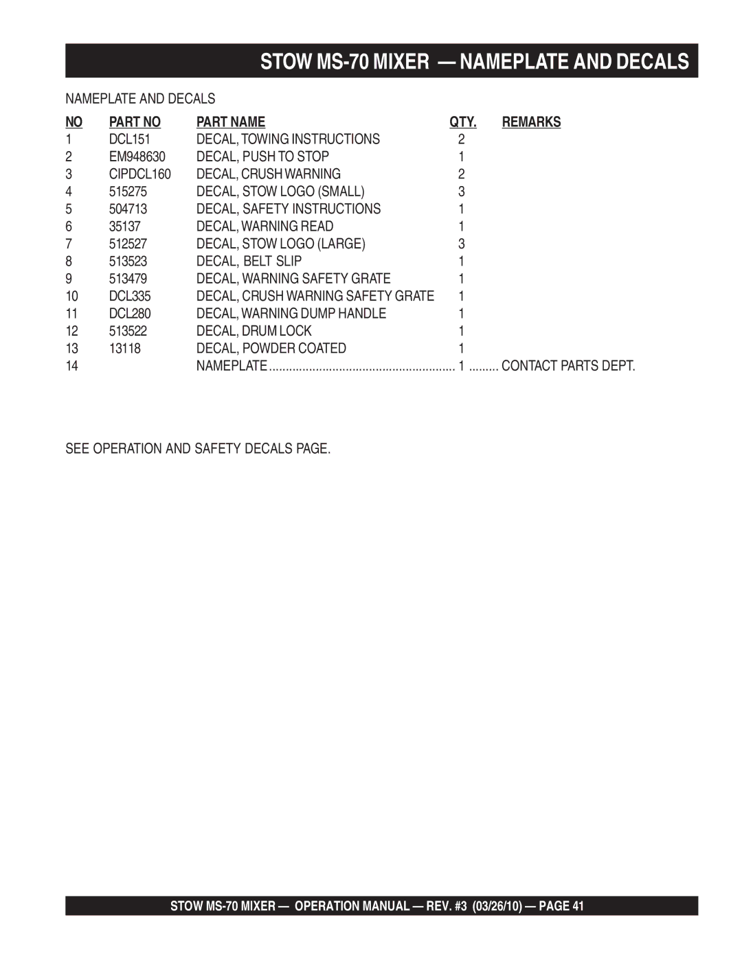 Stow MS-70 manual DECAL, Towing Instructions, DECAL, Push to Stop CIPDCL160 DECAL, Crush Warning, DECAL, Stow Logo Small 