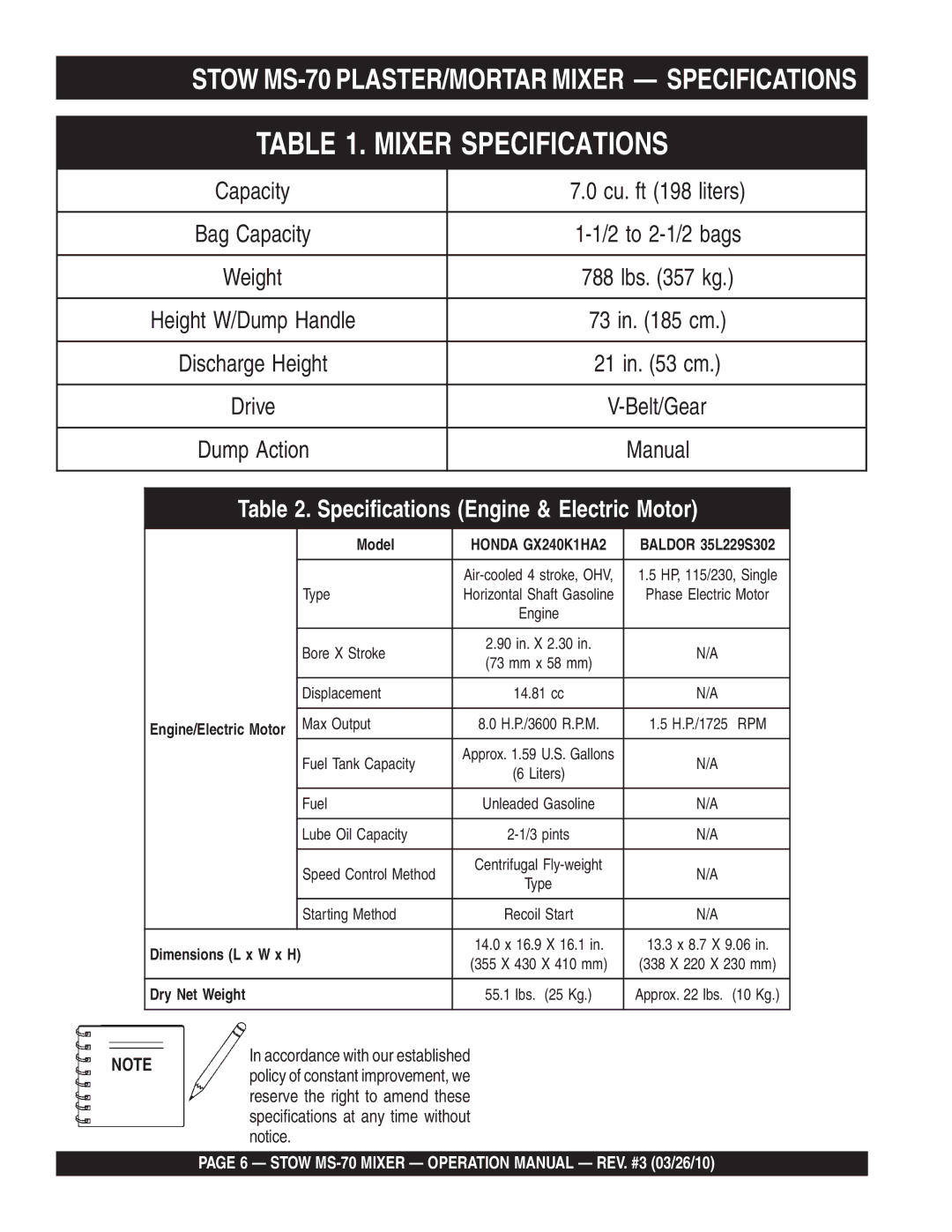 Stow MS-70 manual Mixer Specifications 