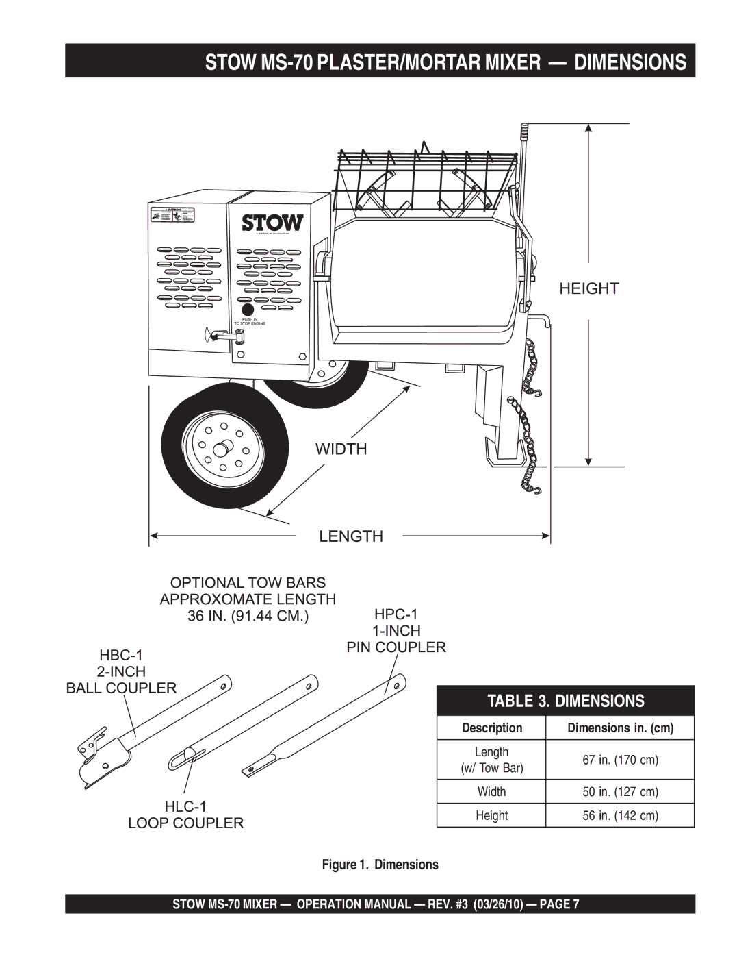 Stow manual Stow MS-70 PLASTER/MORTAR Mixer Dimensions 