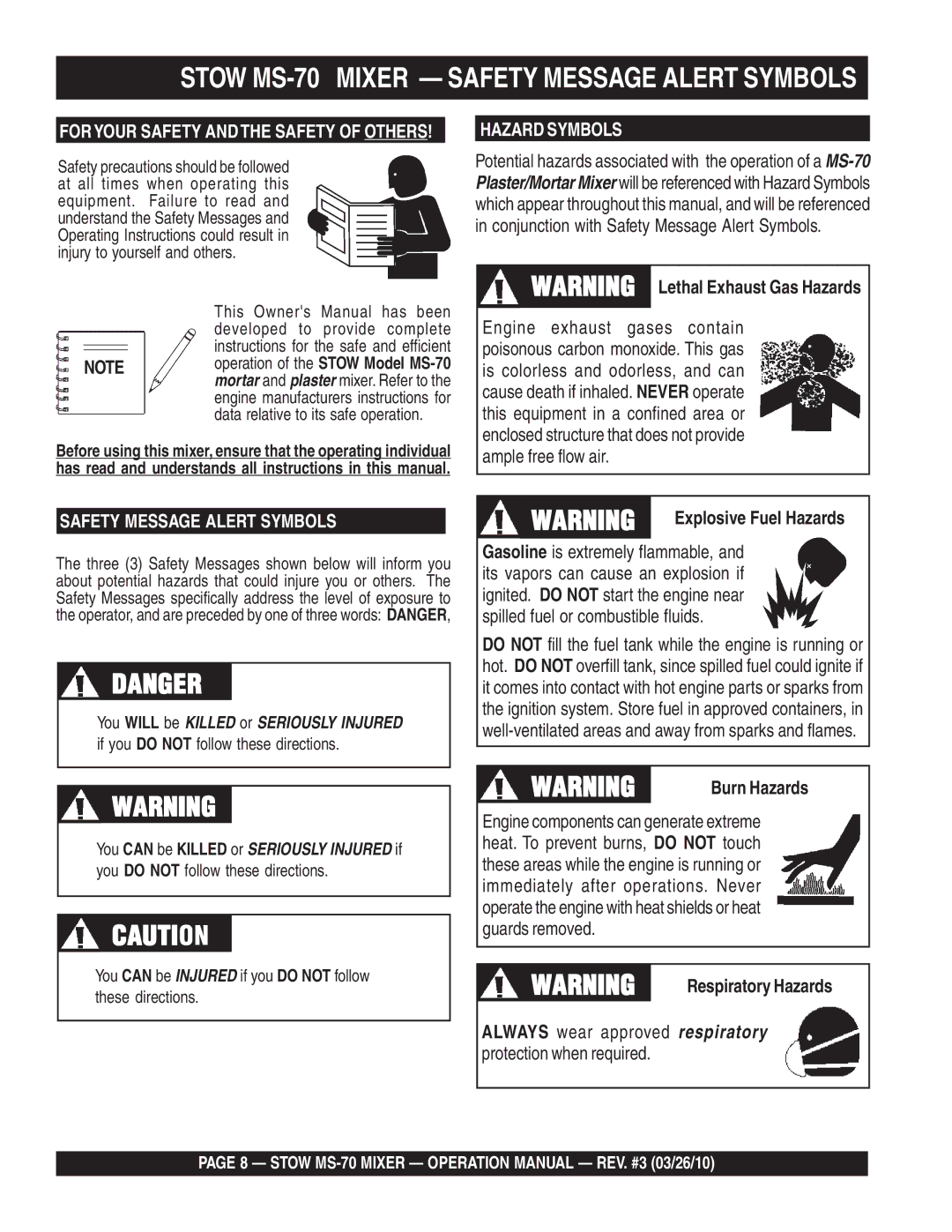 Stow MS-70 manual Burn Hazards, Respiratory Hazards 