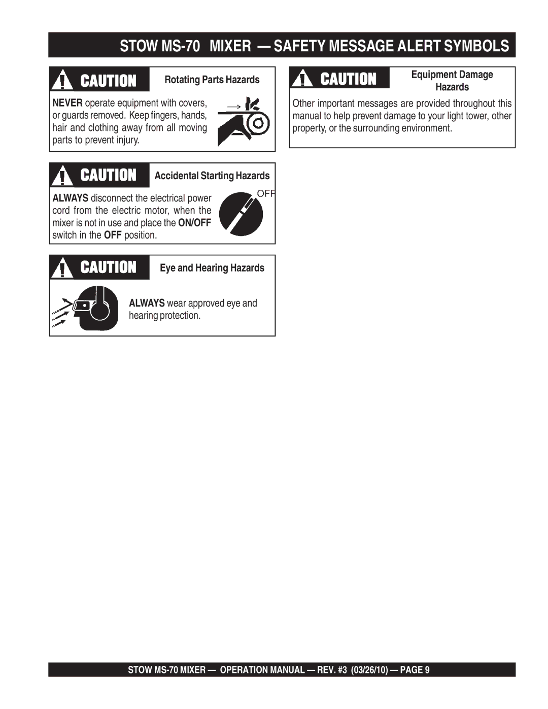 Stow manual Stow MS-70 Mixer Safety Message Alert Symbols, Equipment Damage 