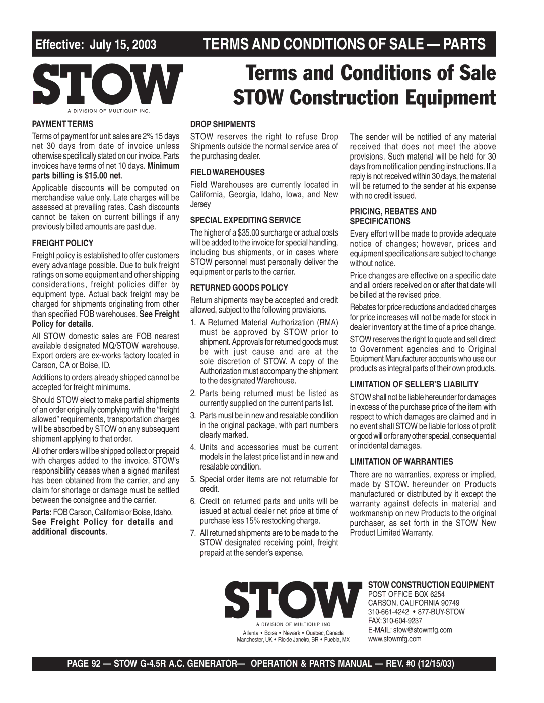 Stow MS-70 manual Terms and Conditions of Sale Stow Construction Equipment 