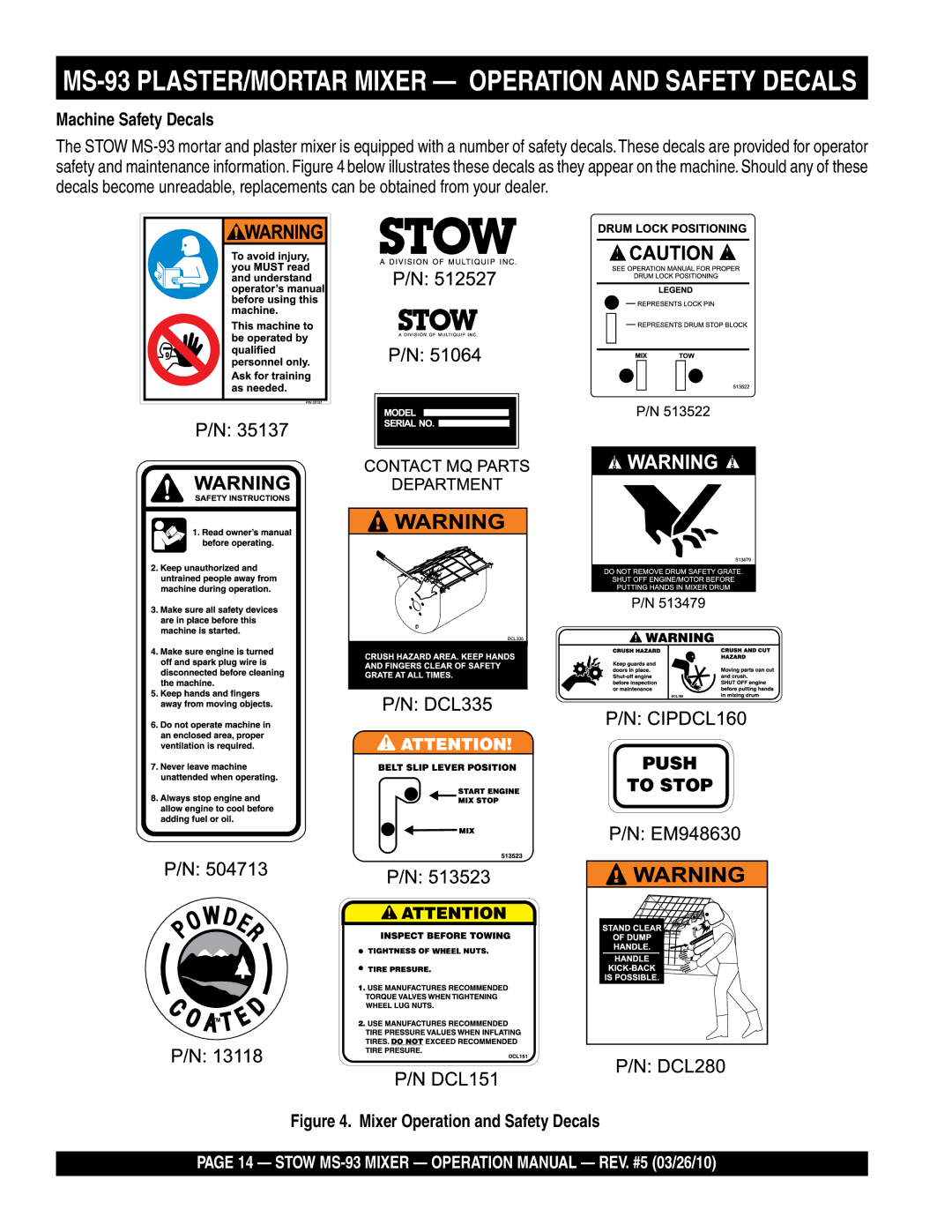 Stow manual MS-93 PLASTER/MORTAR Mixer Operation and Safety Decals, Machine Safety Decals 