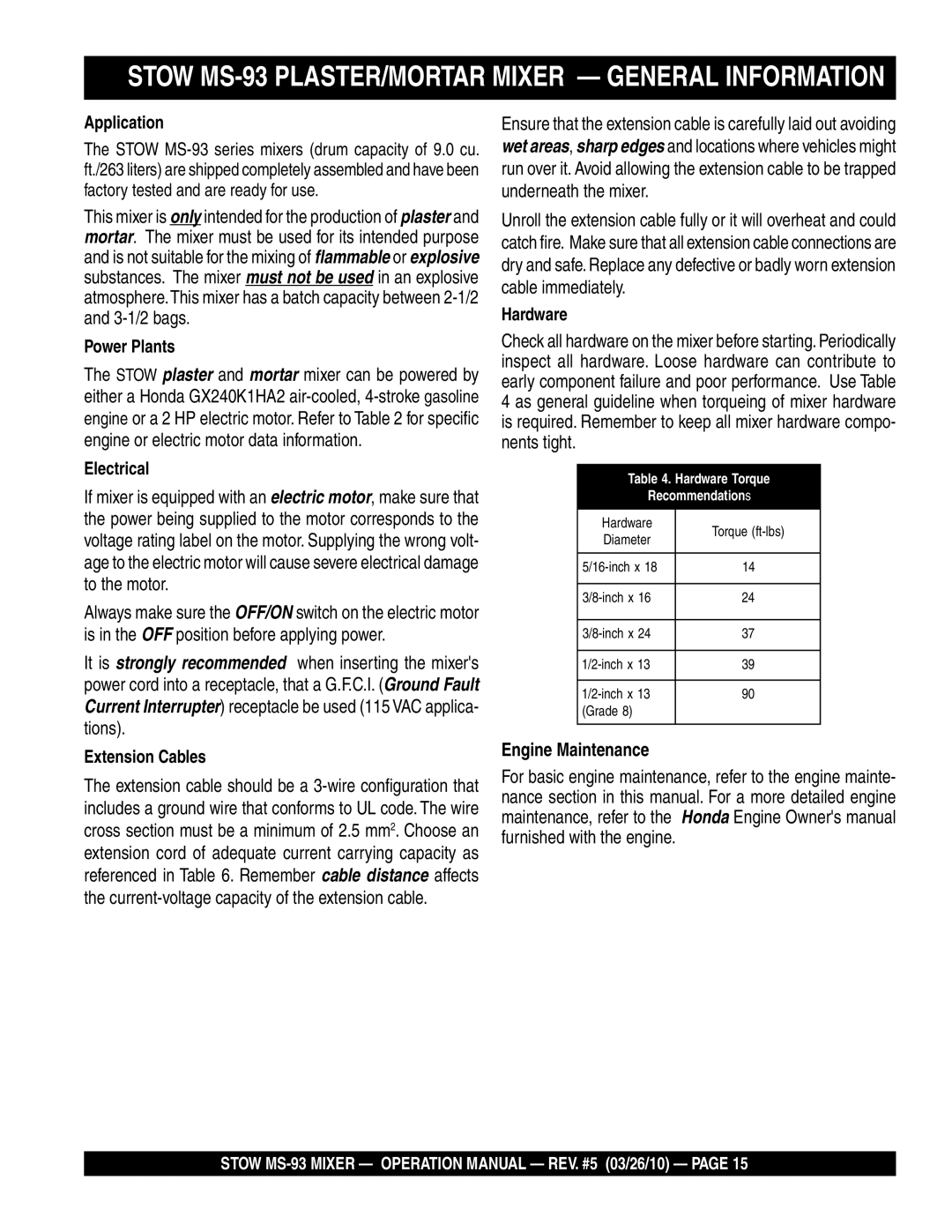 Stow manual Stow MS-93 PLASTER/MORTAR Mixer General Information, Engine Maintenance 