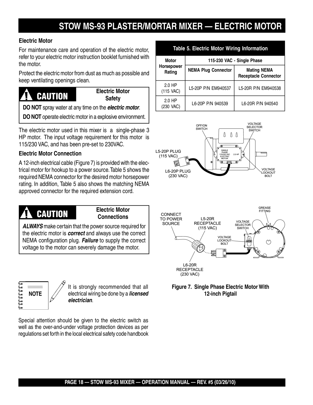 Stow manual Stow MS-93 PLASTER/MORTAR Mixer Electric Motor, Electric Motor Connection 