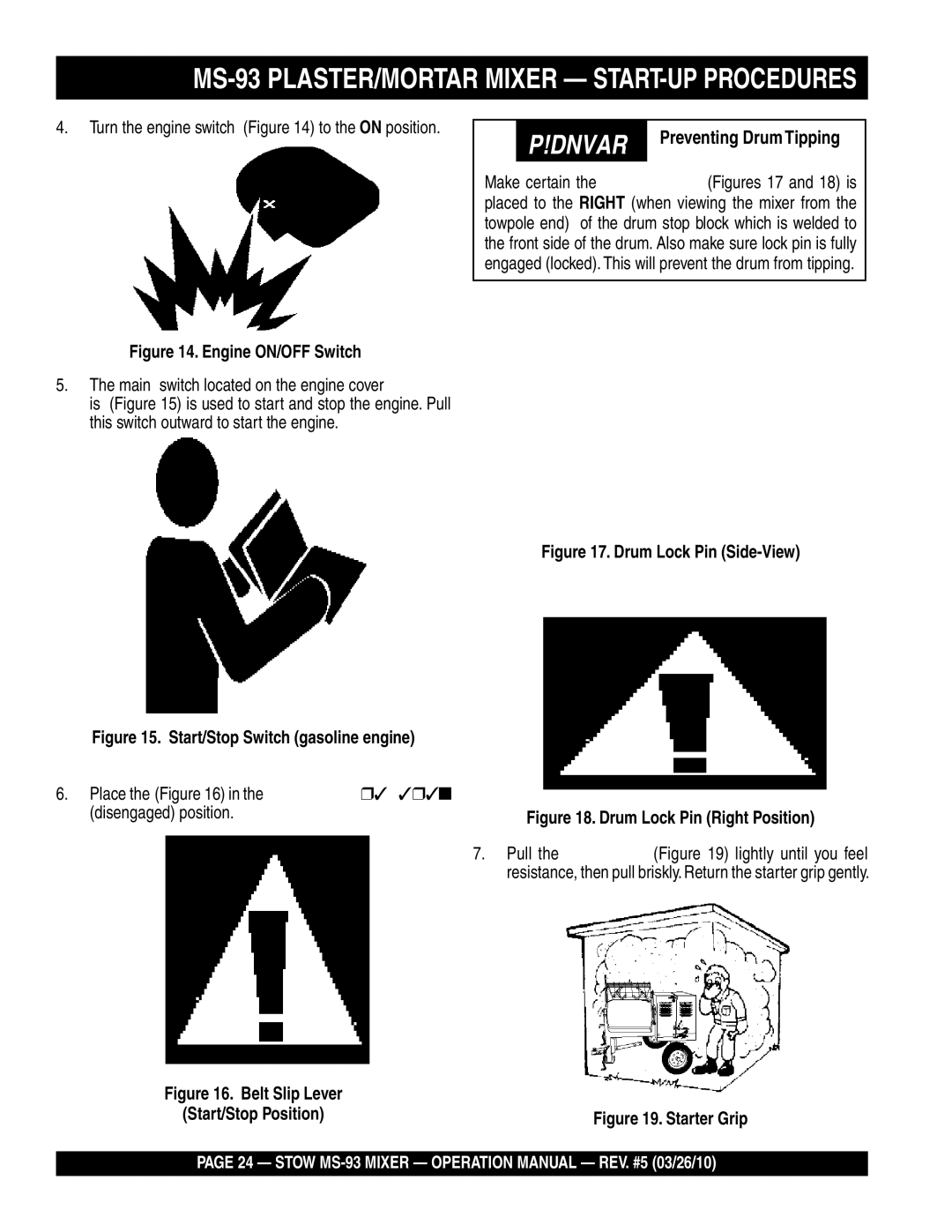 Stow manual MS-93 PLASTER/MORTAR Mixer START-UP Procedures, Preventing Drum Tipping 