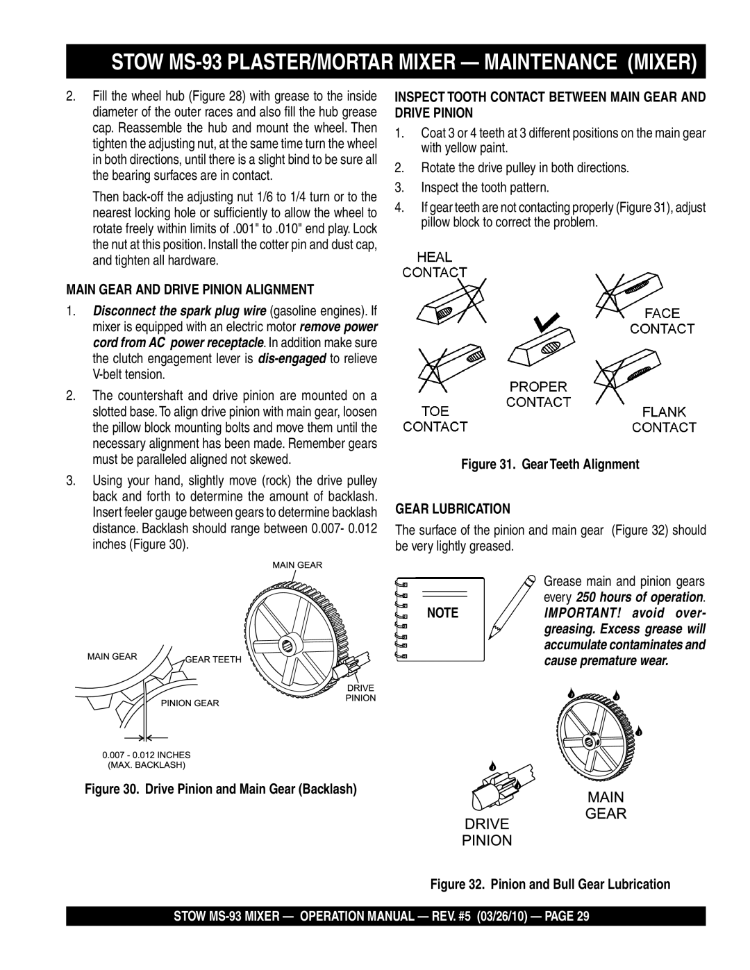 Stow manual Stow MS-93 PLASTER/MORTAR Mixer Maintenance Mixer, Main Gear and Drive Pinion Alignment 