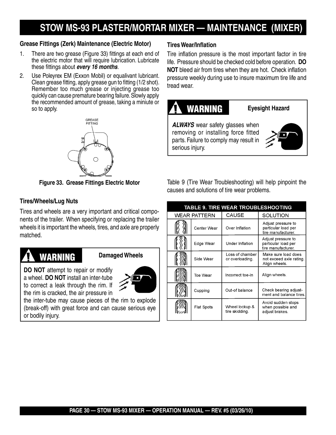 Stow MS-93 manual Tires/Wheels/Lug Nuts, Damaged Wheels, Tires Wear/Inflation, Eyesight Hazard 