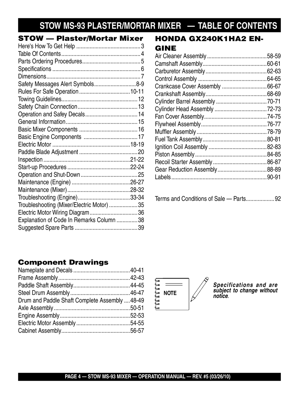 Stow manual Stow MS-93 PLASTER/MORTAR Mixer Table of Contents 