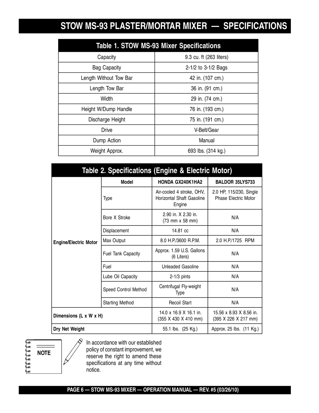 Stow manual Stow MS-93 PLASTER/MORTAR Mixer Specifications, Stow MS-93 Mixer Specifications 