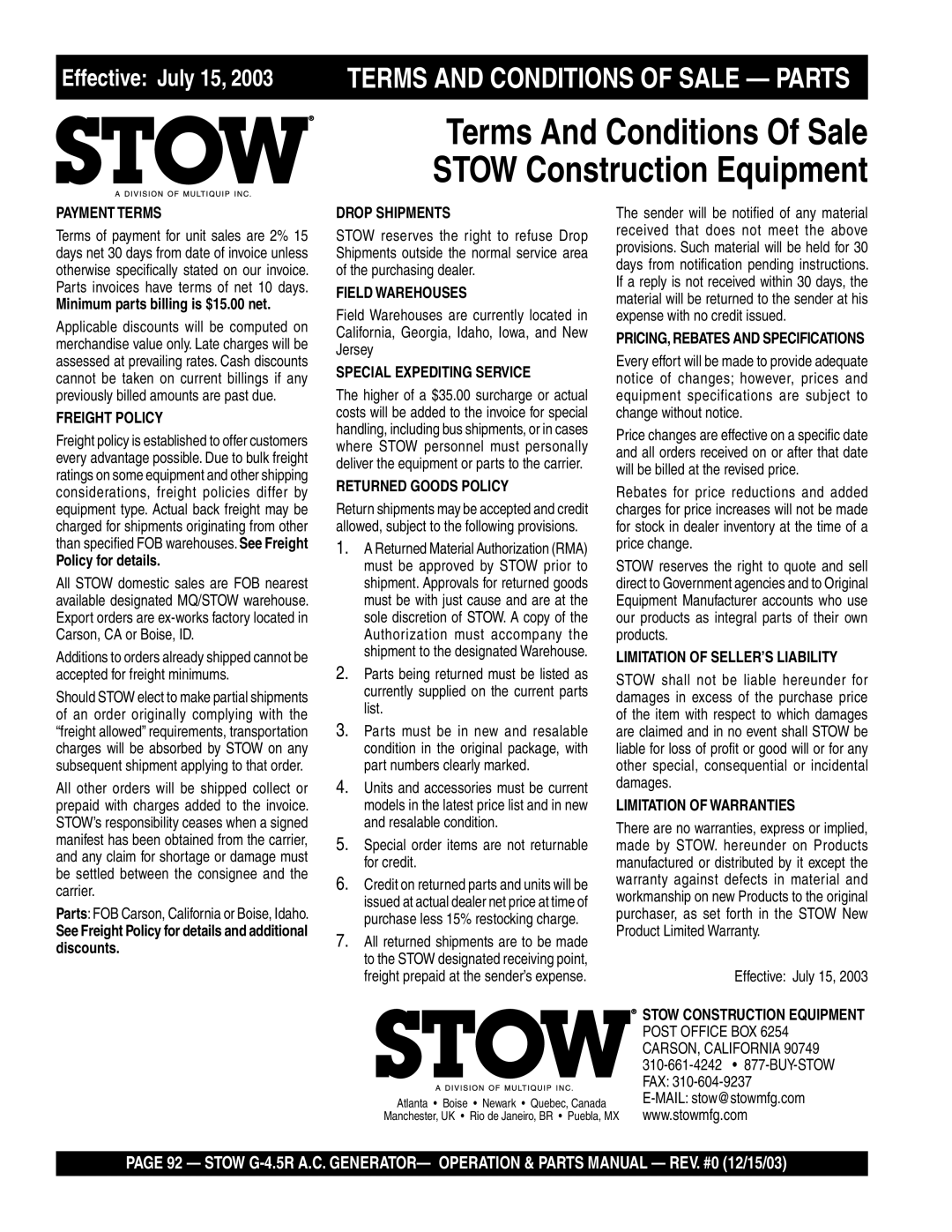 Stow MS-93 manual Terms And Conditions Of Sale Stow Construction Equipment 