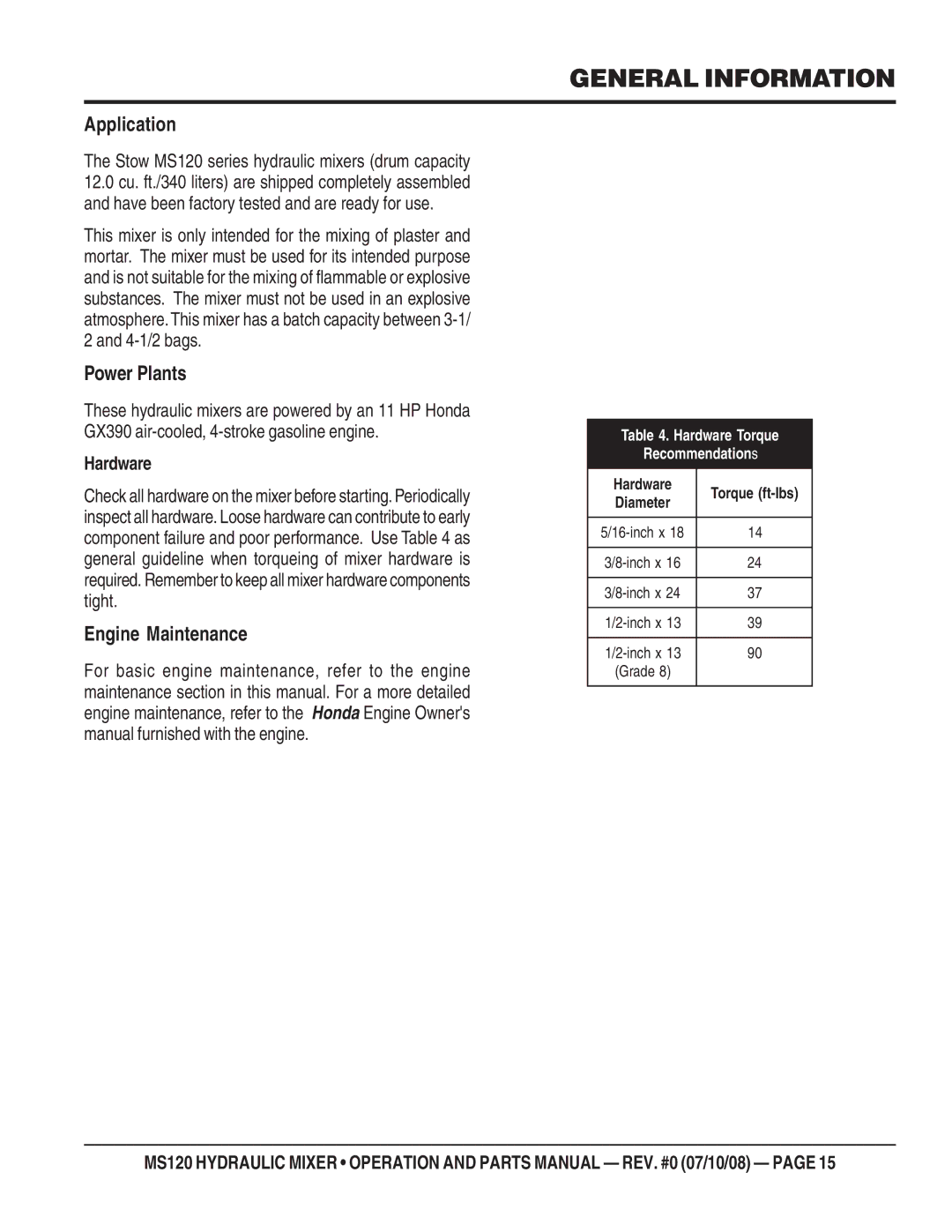 Stow MS120HD13, MS120H13 manual General Information, Stow MS120 series hydraulic mixers drum capacity 