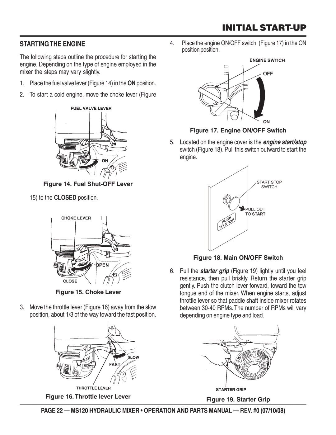 Stow MS120H13, MS120HD13 manual Initial START-UP, Starting the Engine, To the Closed position 