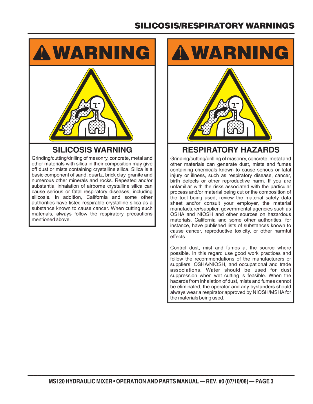 Stow MS120HD13, MS120H13 manual SILICOSIS/RESPIRATORY Warnings Silicosis Warning, Respiratory Hazards 